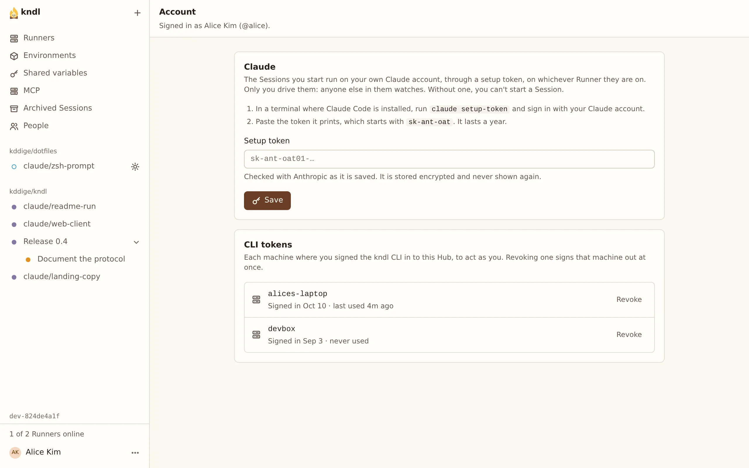 The Account page: the Claude section with a Setup token field and Save, and the CLI tokens list.