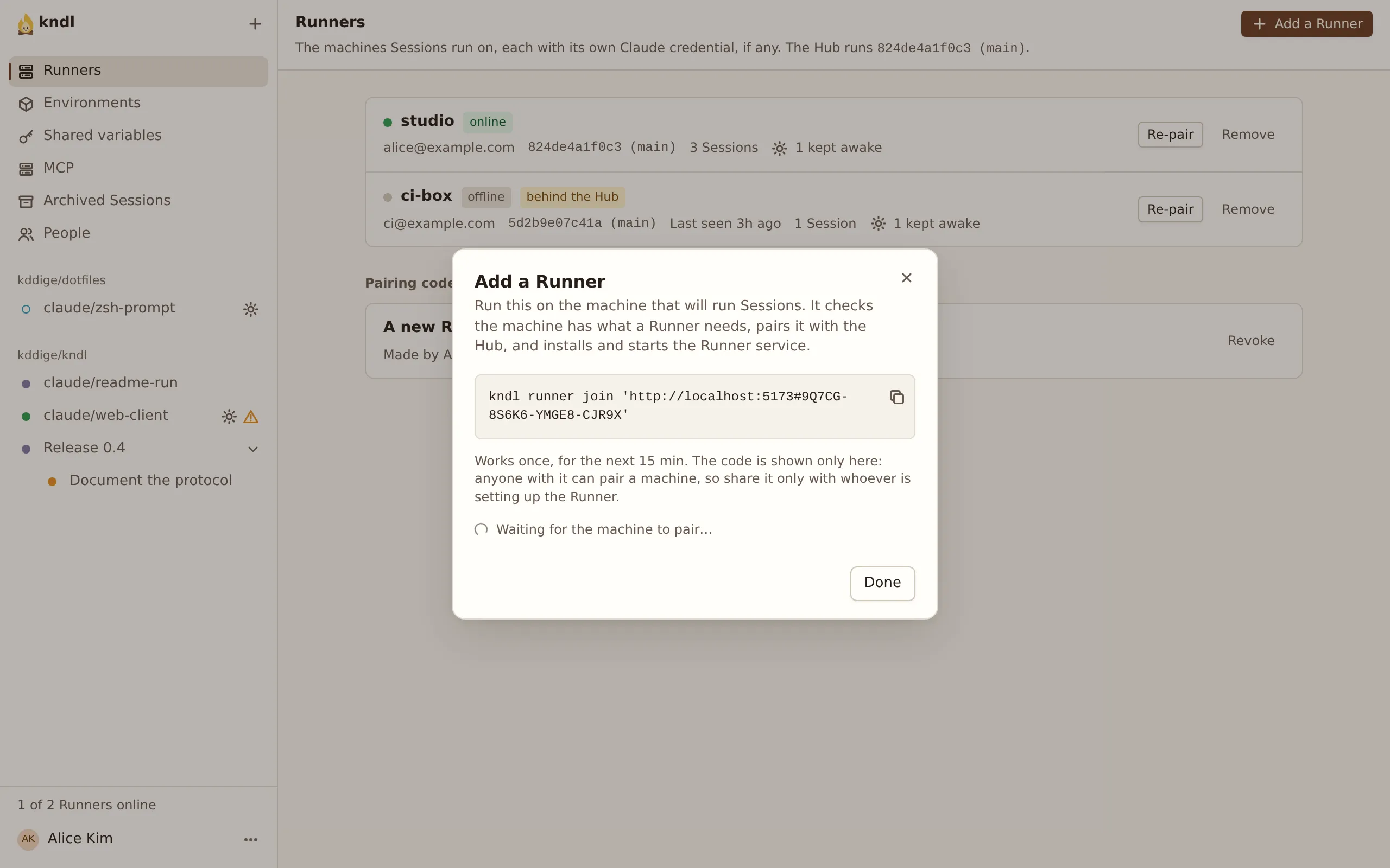 The Add a Runner dialog, showing a kndl runner join command with a Pairing code, and Waiting for the machine to pair.