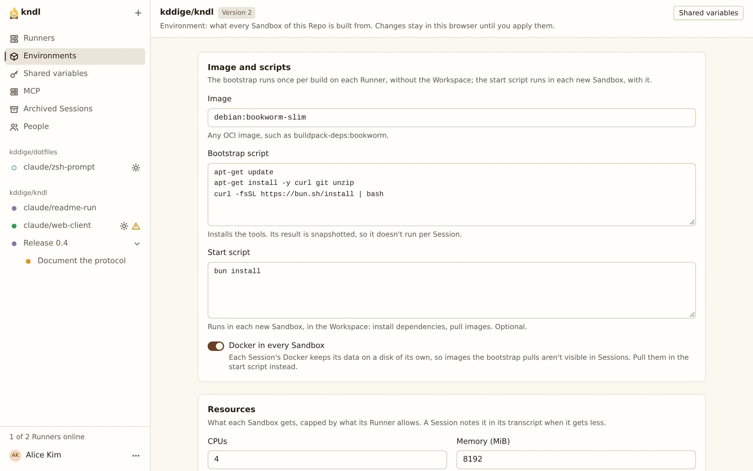 The Environment page: an image, a Bootstrap script, a Start script and a Docker switch.