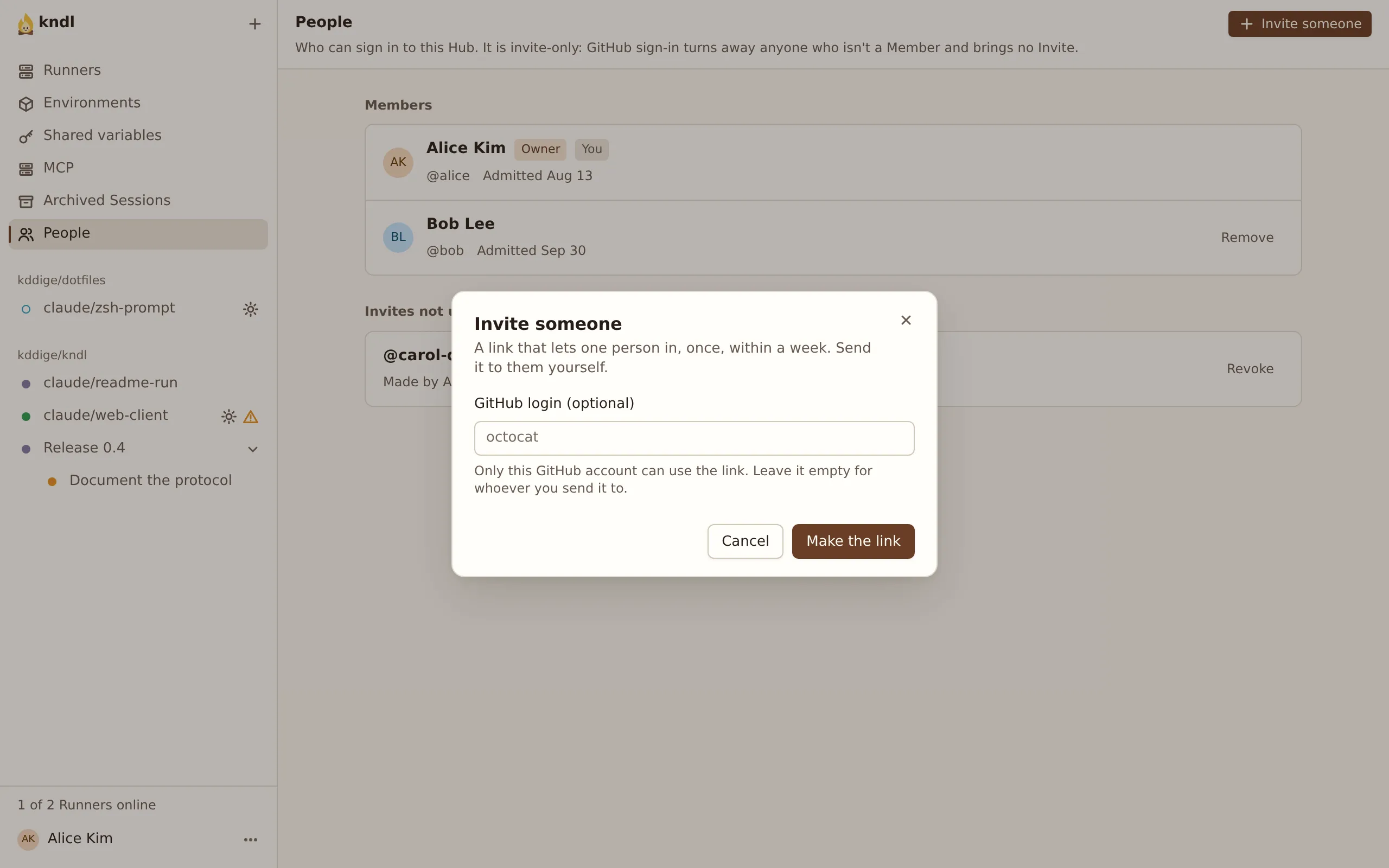 The Invite someone dialog, with an optional GitHub login and Make the link.