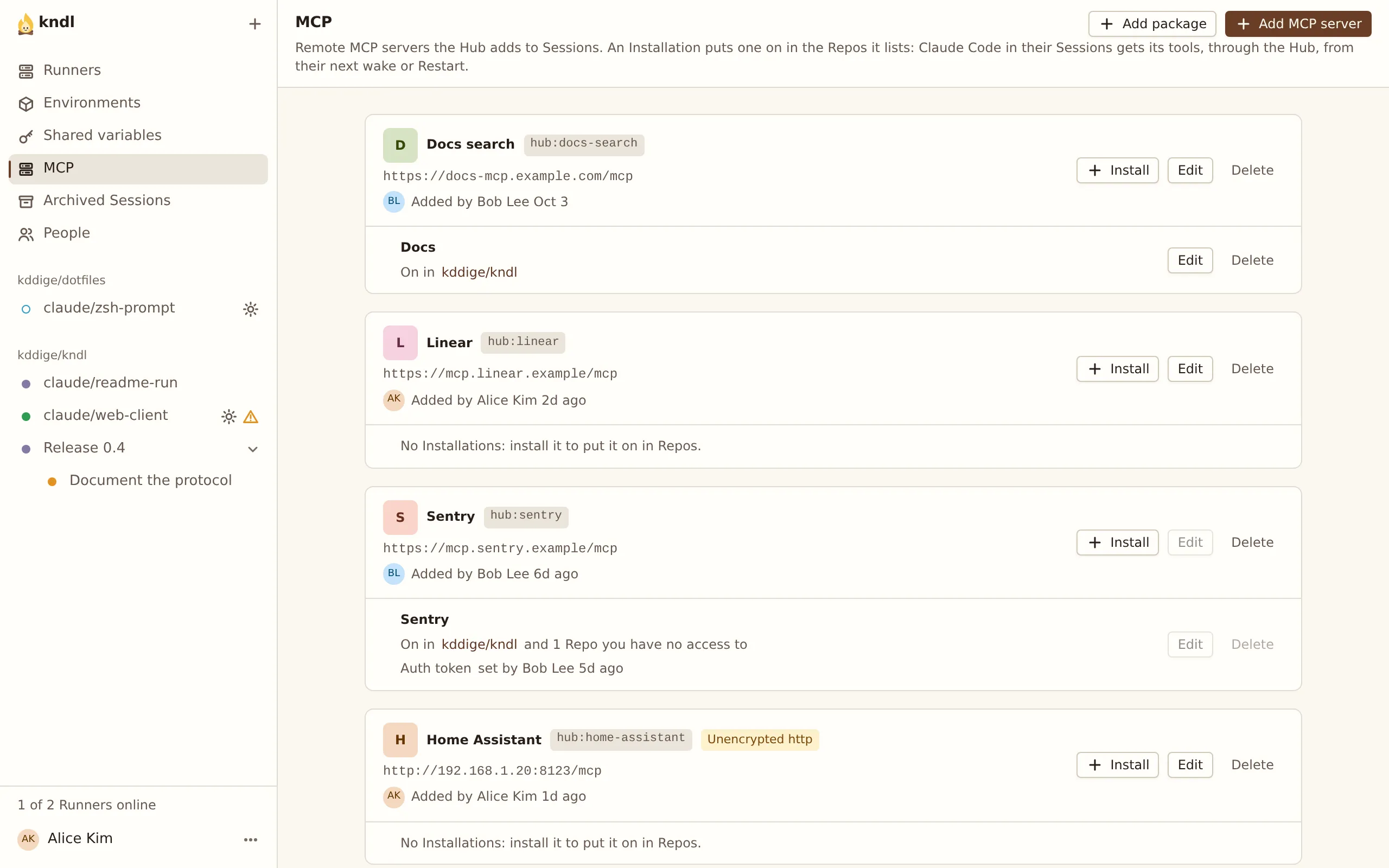 The MCP page: Docs search, Linear, Sentry and Home Assistant, each with Install, Edit and Delete.