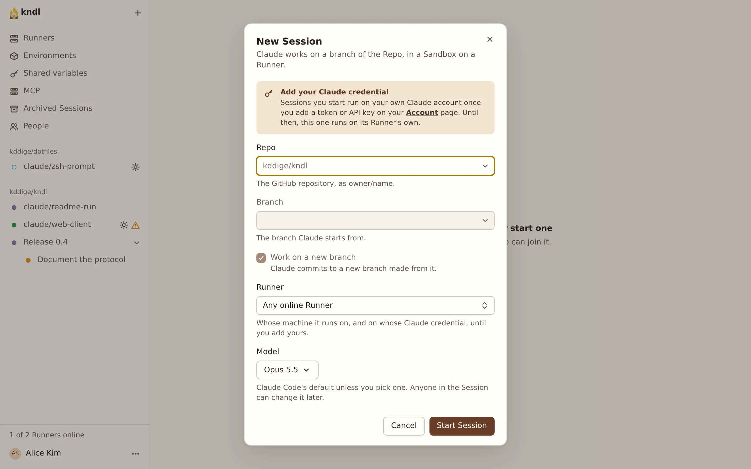 The New Session dialog: Repo, Branch, Work on a new branch, Runner and Model, with Start Session at the bottom.