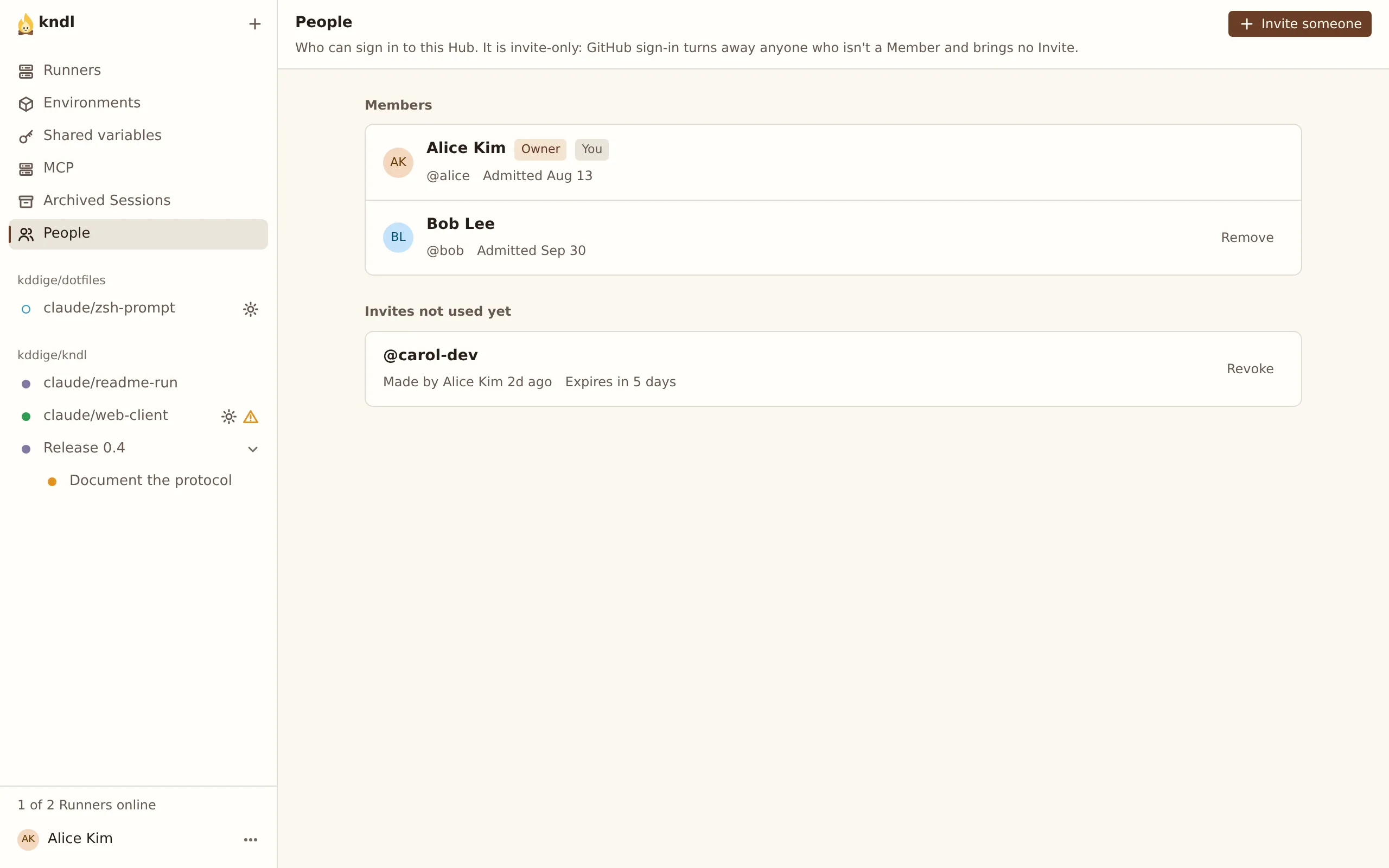 The People page, listing two Members and one Invite not used yet.
