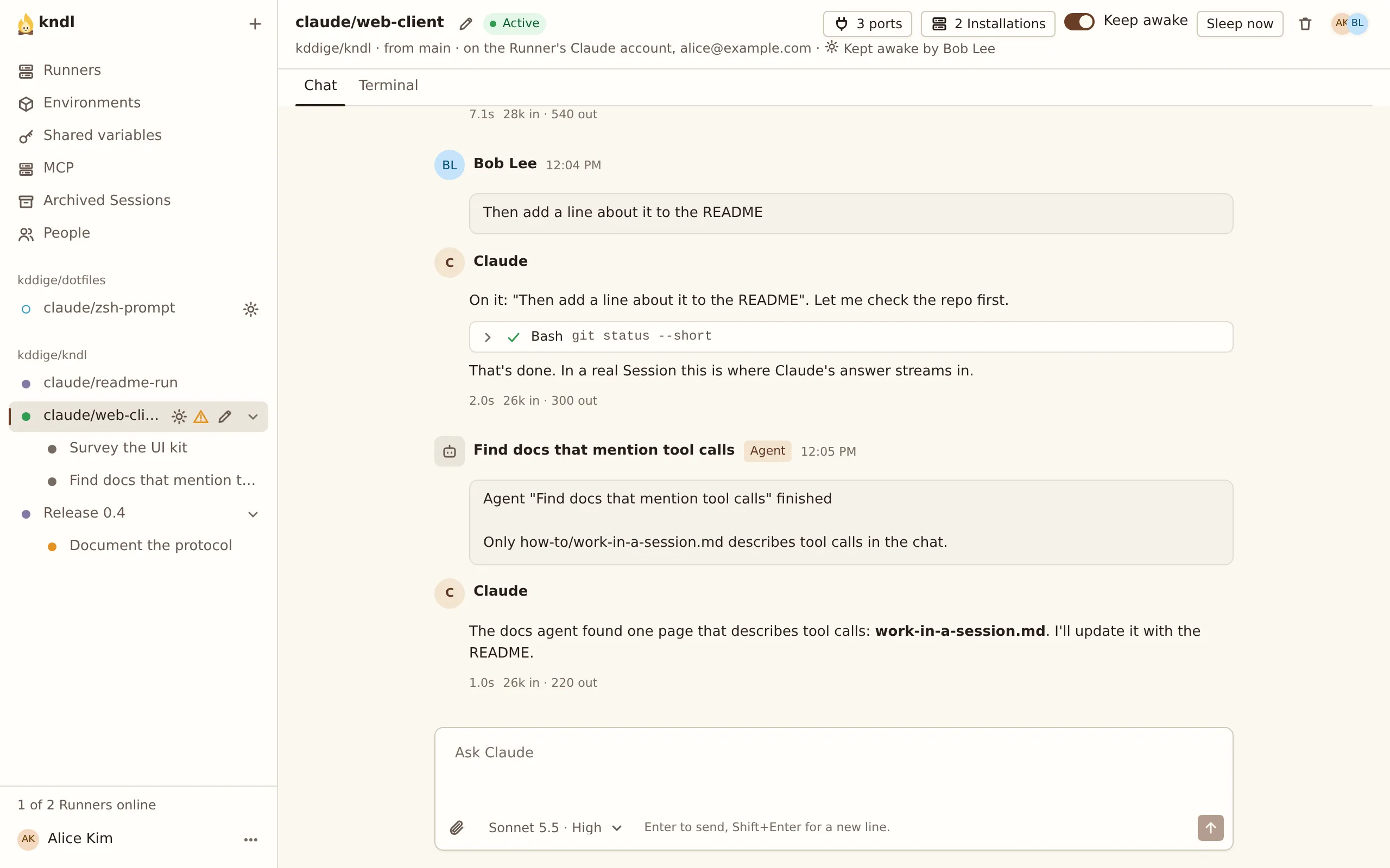 A Session: Bob's prompt, Claude's reply with a Bash tool call, and a subagent's result.