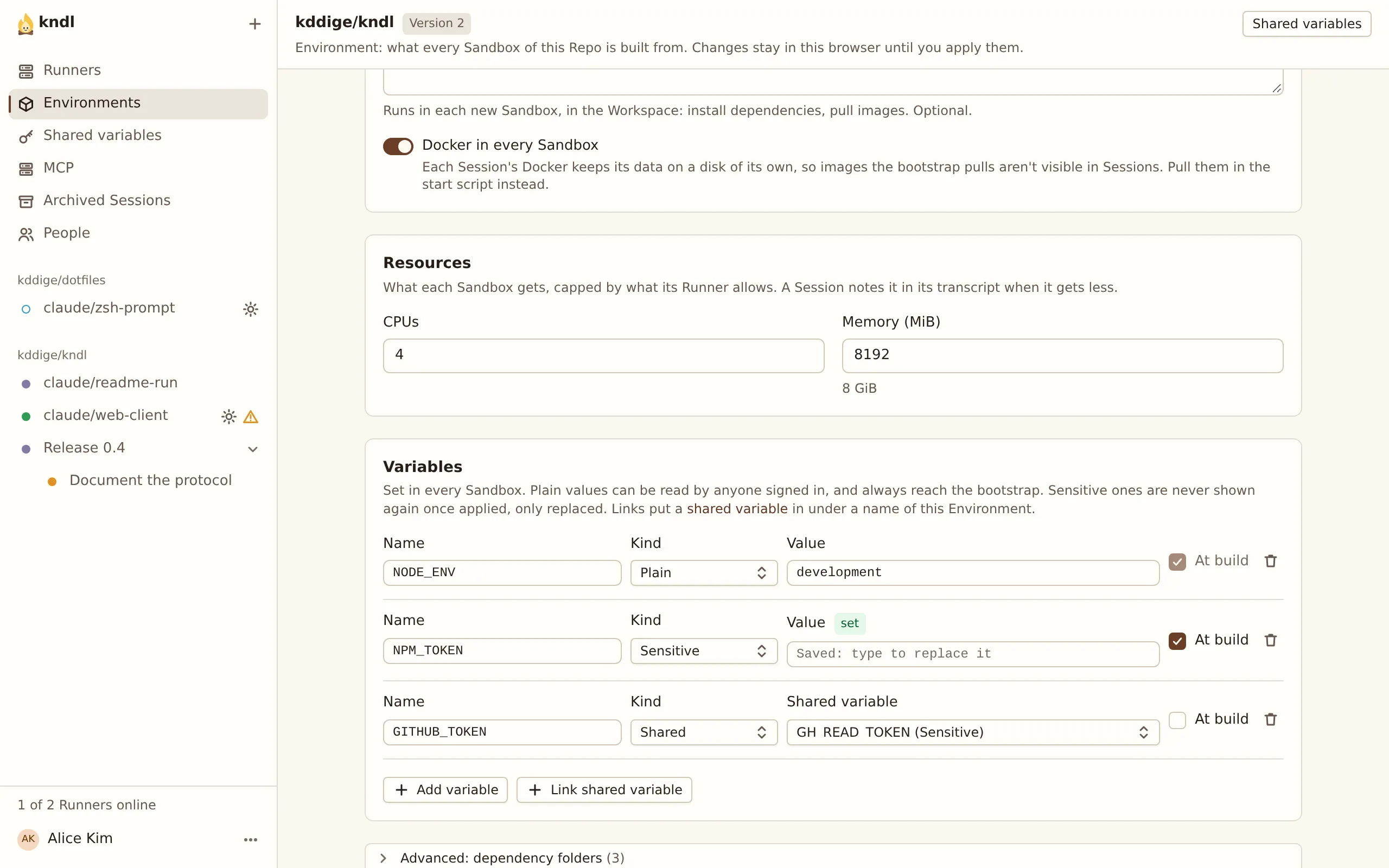 The Variables section: NODE_ENV as Plain, NPM_TOKEN as Sensitive and set, and GITHUB_TOKEN linked to a shared variable.