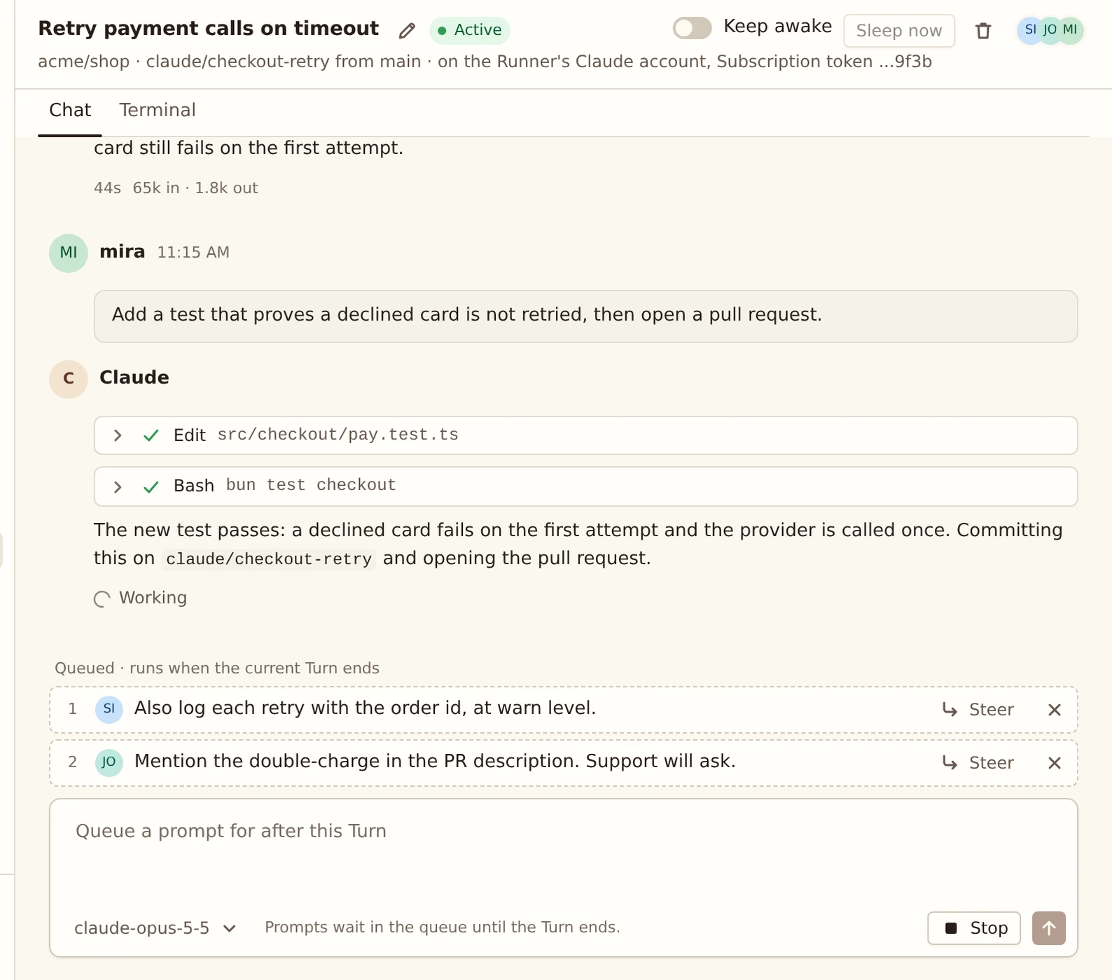 kndl's web UI: a Session named Retry payment calls on timeout, active, with three Participants. Claude is mid-Turn, two prompts wait in the Prompt queue with Steer buttons, and a Runners and Environments sidebar lists the Repos.